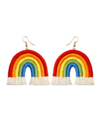 Boho Rainbow Cotton Knit Fabric Tassel Hoop Earrings