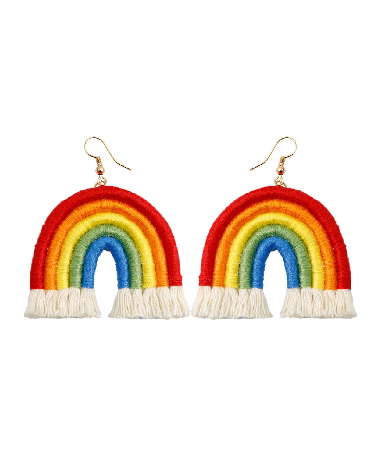 Boho Rainbow Cotton Knit Fabric Tassel Hoop Earrings
