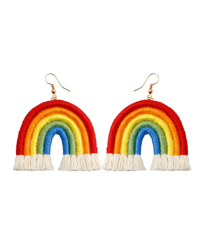 Boho Rainbow Cotton Knit Fabric Tassel Hoop Earrings