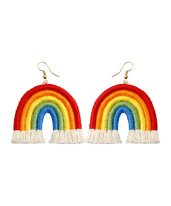 Boho Rainbow Cotton Knit Fabric Tassel Hoop Earrings