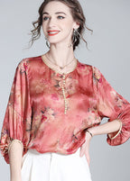 Boho Red O Neck Floral Print Silk Blouse Top Bracelet Sleeve