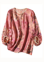 Boho Red O Neck Floral Print Silk Blouse Top Bracelet Sleeve