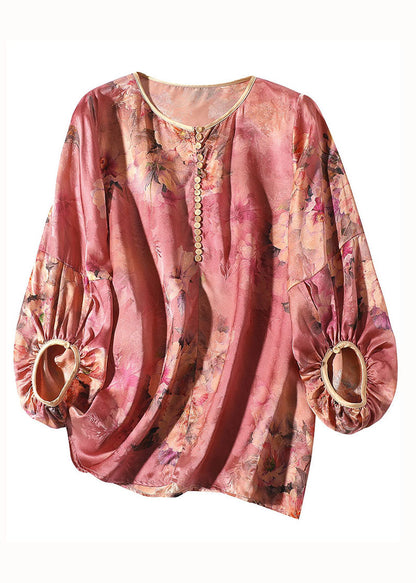 Boho Red O Neck Floral Print Silk Blouse Top Bracelet Sleeve