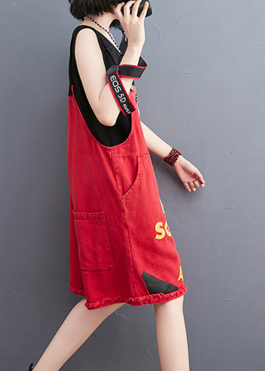 Boho Red Slash Neck Graphic Print Patchwork Button Denim Jumpsuit Summer