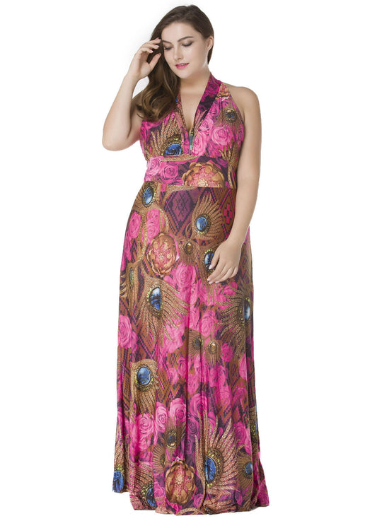 Boho V Neck Print Tunic Ice Silk Maxi Beach Dress Sleeveless