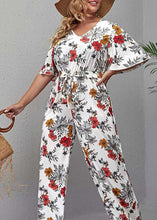 Load image into Gallery viewer, Boho White O-Neck Print Tie Waist Jumpsuit Summer