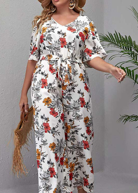 Boho White O-Neck Print Tie Waist Jumpsuit Summer