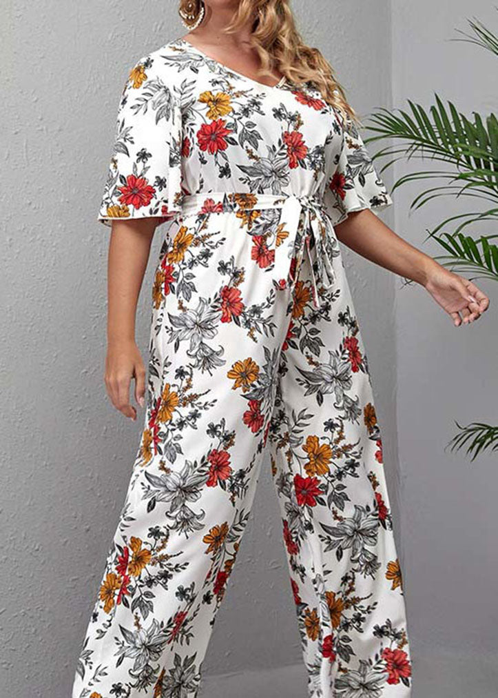 Boho White O-Neck Print Tie Waist Jumpsuit Summer