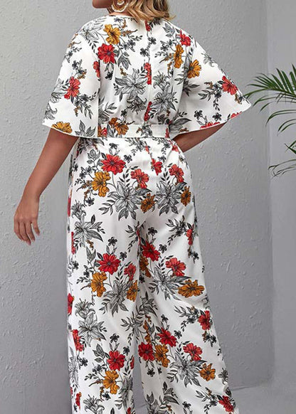 Boho White O-Neck Print Tie Waist Jumpsuit Summer