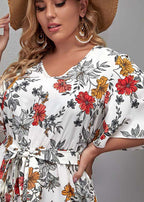 Boho White O-Neck Print Tie Waist Jumpsuit Summer