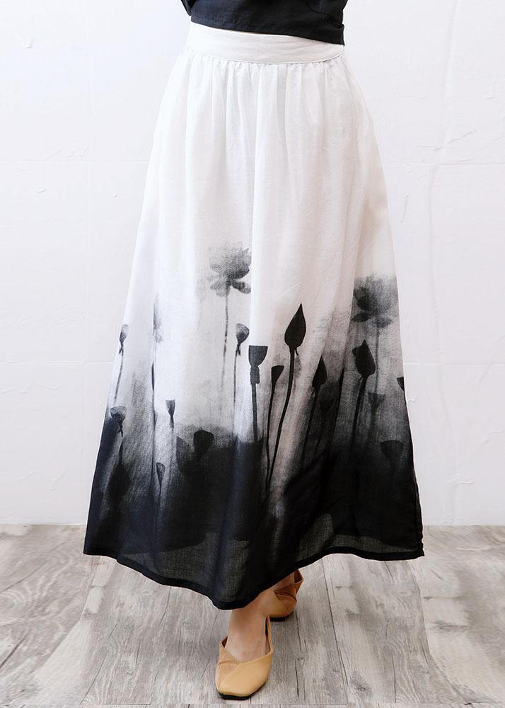 Boho White Print A Line Fall Linen Skirts