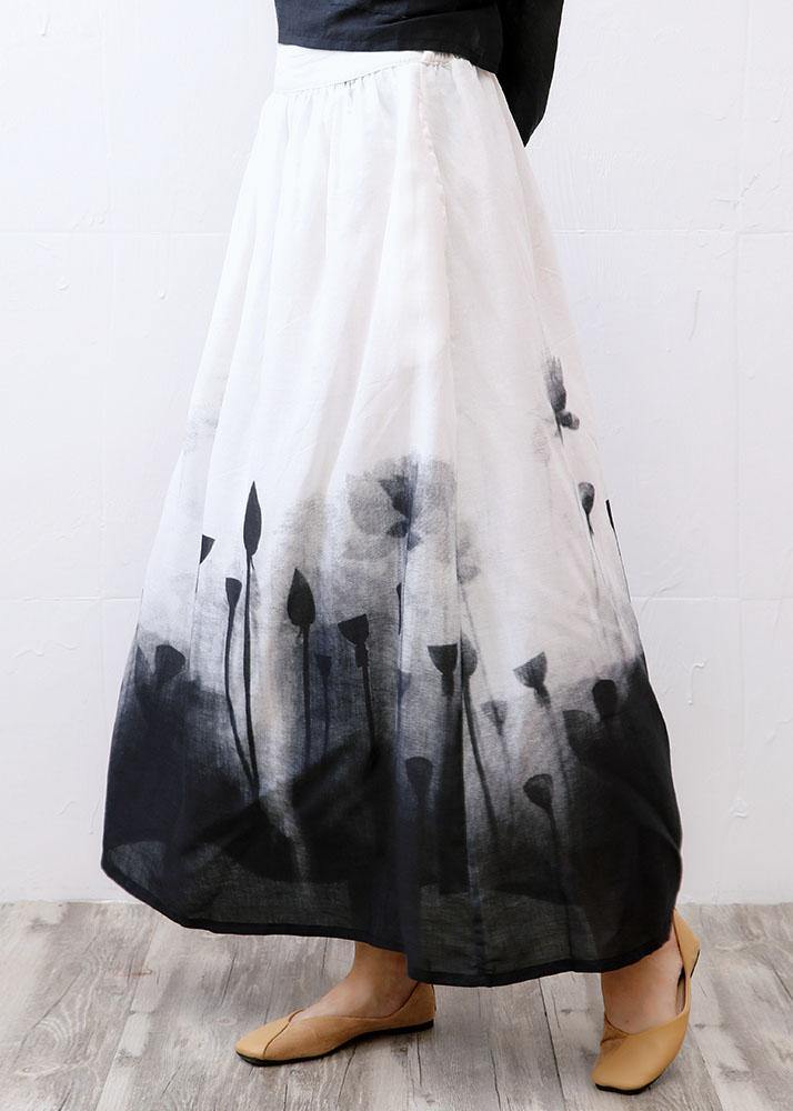 Boho White Print A Line Fall Linen Skirts