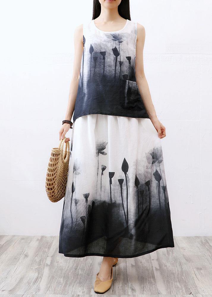 Boho White Print A Line Fall Linen Skirts