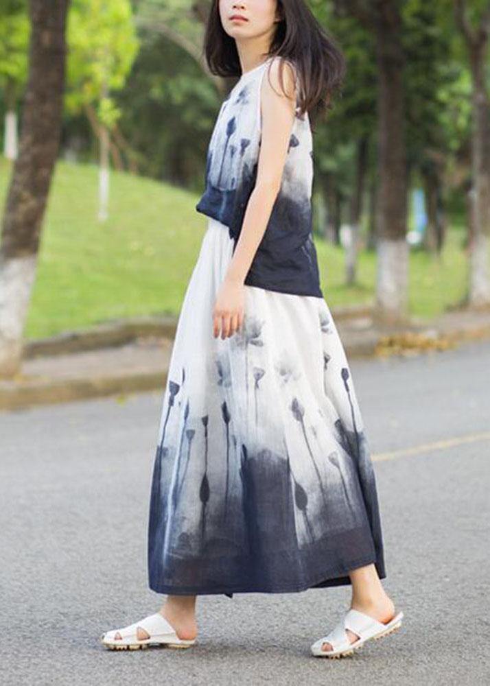 Boho White Print A Line Fall Linen Skirts