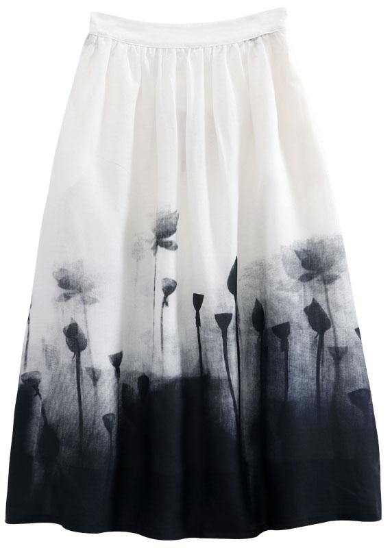 Boho White Print A Line Fall Linen Skirts