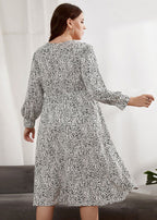 Boho White V Neck Print Wrinkled Patchwork Chiffon Dresses Fall