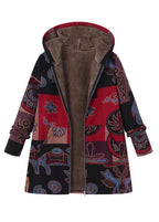 Boho Yellow Hooded Print Patchwork Warm Fleece Coat Fall