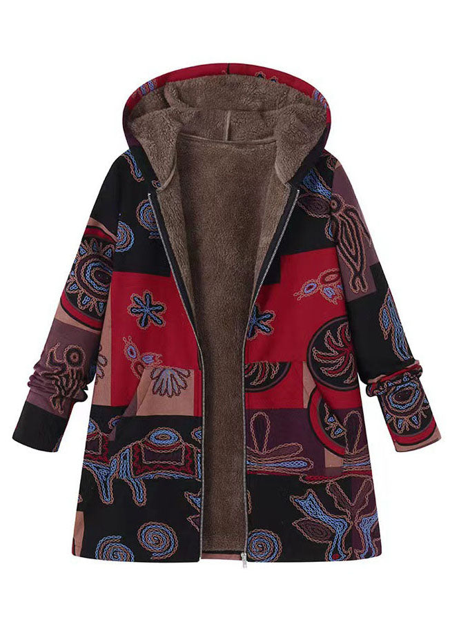 Boho Yellow Hooded Print Patchwork Warm Fleece Coat Fall