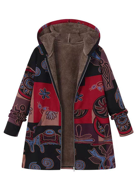 Boho Yellow Hooded Print Patchwork Warm Fleece Coat Fall
