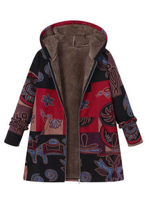 Boho Yellow Hooded Print Patchwork Warm Fleece Coat Fall