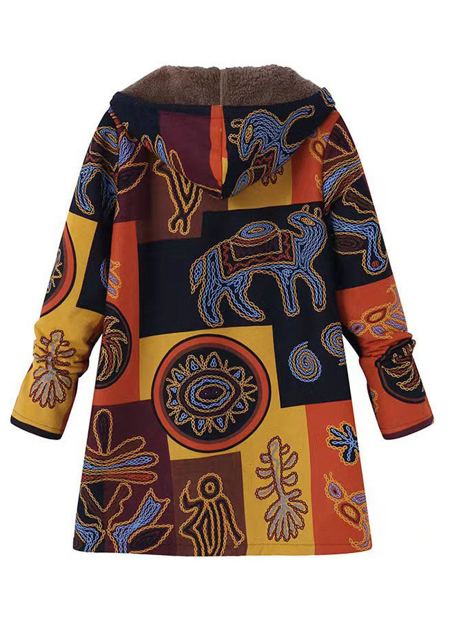 Boho Yellow Hooded Print Patchwork Warm Fleece Coat Fall
