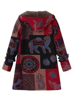 Boho Yellow Hooded Print Patchwork Warm Fleece Coat Fall