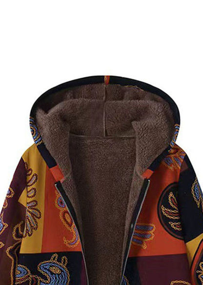 Boho Yellow Hooded Print Patchwork Warm Fleece Coat Fall