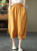 Load image into Gallery viewer, Boho Yellow Pockets Ruffled Patchwork Linen Crop Pants Summer