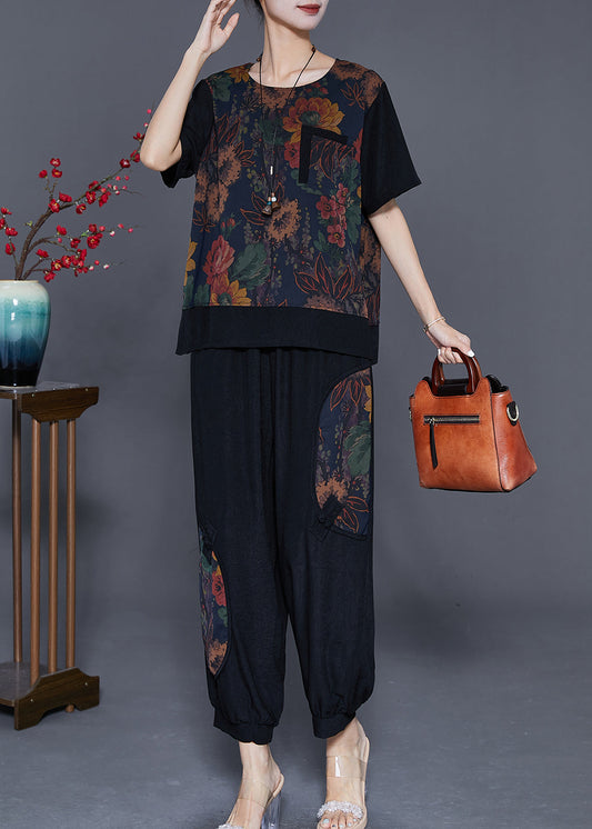 Boutique Black Chinese Button Patchwork Print Silk Two Pieces Set Summer