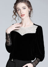 Load image into Gallery viewer, Boutique Black Nail Bead Lace Patchwork Silk Velour Blouse Top Spring