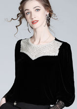 Load image into Gallery viewer, Boutique Black Nail Bead Lace Patchwork Silk Velour Blouse Top Spring