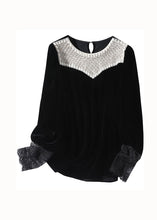 Load image into Gallery viewer, Boutique Black Nail Bead Lace Patchwork Silk Velour Blouse Top Spring