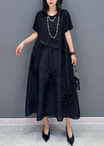 Boutique Black O Neck Cinched Patchwork Cotton Dress Summer