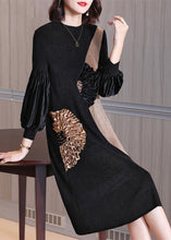 Load image into Gallery viewer, Boutique Black O-Neck Embroideried Floral Patchwork Wrinkled Velour Maxi Dresses Spring