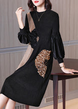 Load image into Gallery viewer, Boutique Black O-Neck Embroideried Floral Patchwork Wrinkled Velour Maxi Dresses Spring