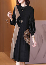 Load image into Gallery viewer, Boutique Black O-Neck Embroideried Floral Patchwork Wrinkled Velour Maxi Dresses Spring