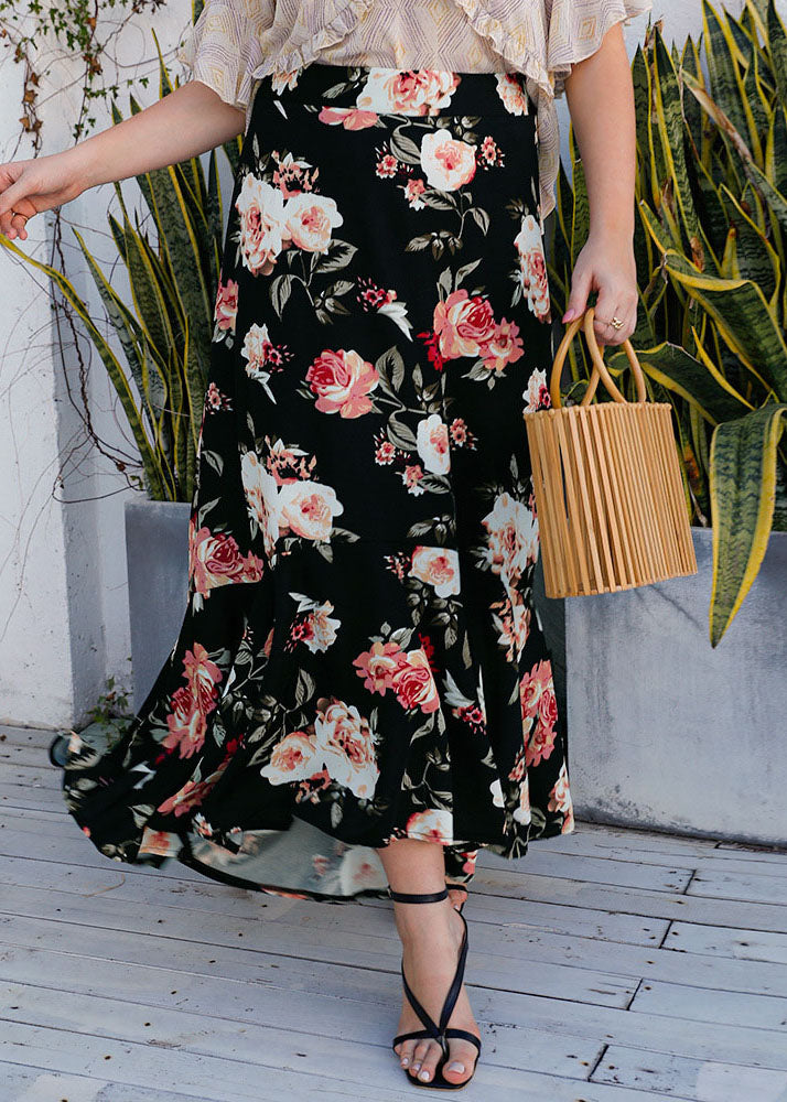 Boutique Black Print High Waist Patchwork Cotton Asymmetrical Skirts Summer