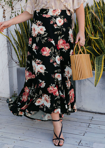 Boutique Black Print High Waist Patchwork Cotton Asymmetrical Skirts Summer