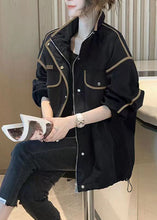 Load image into Gallery viewer, Boutique Black Stand Collar Zip Up Pockets Patchwork Cotton Jacket Fall