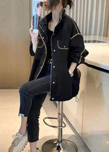 Load image into Gallery viewer, Boutique Black Stand Collar Zip Up Pockets Patchwork Cotton Jacket Fall
