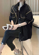 Load image into Gallery viewer, Boutique Black Stand Collar Zip Up Pockets Patchwork Cotton Jacket Fall