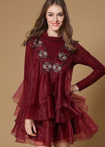 Boutique Black Turtle Neck Embroideried Ruffles Patchwork Organza Mini Dress Spring