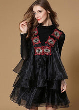 Load image into Gallery viewer, Boutique Black Turtle Neck Embroideried Ruffles Patchwork Organza Mini Dress Spring
