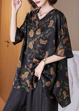 Load image into Gallery viewer, Boutique Black V Neck Asymmetrical Hem Print Silk Long Blouse Top Half Sleeve