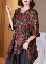 Load image into Gallery viewer, Boutique Black V Neck Asymmetrical Hem Print Silk Long Blouse Top Half Sleeve