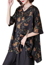 Load image into Gallery viewer, Boutique Black V Neck Asymmetrical Hem Print Silk Long Blouse Top Half Sleeve