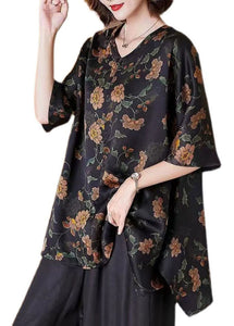 Boutique Black V Neck Asymmetrical Hem Print Silk Long Blouse Top Half Sleeve