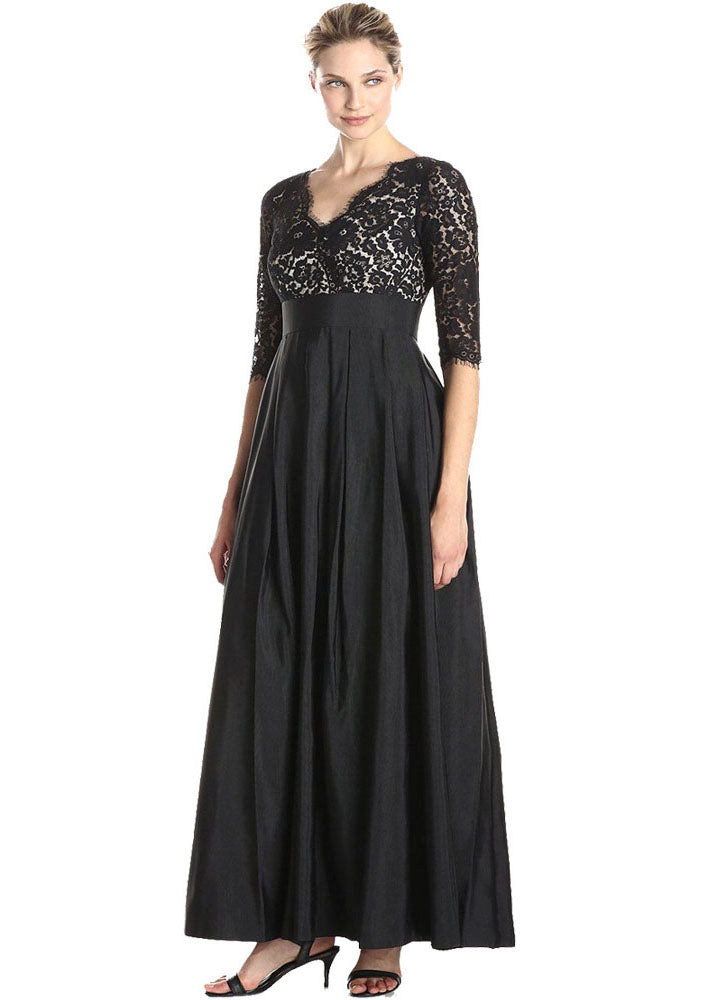 Boutique Black V Neck Hollow Out Lace Patchwork Silk Long Dresses Summer