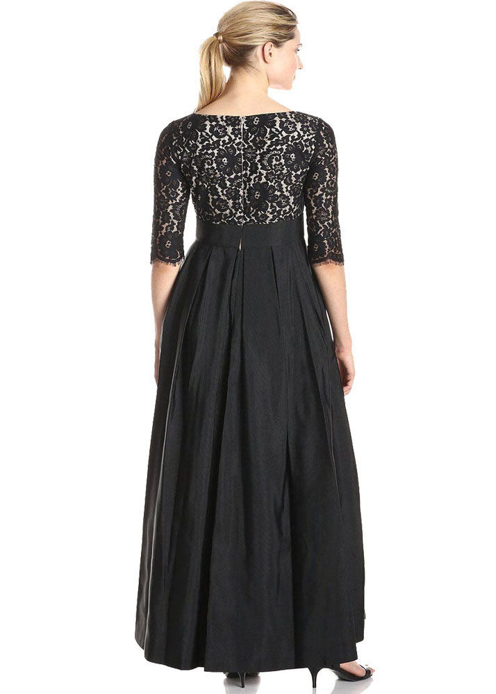 Boutique Black V Neck Hollow Out Lace Patchwork Silk Long Dresses Summer
