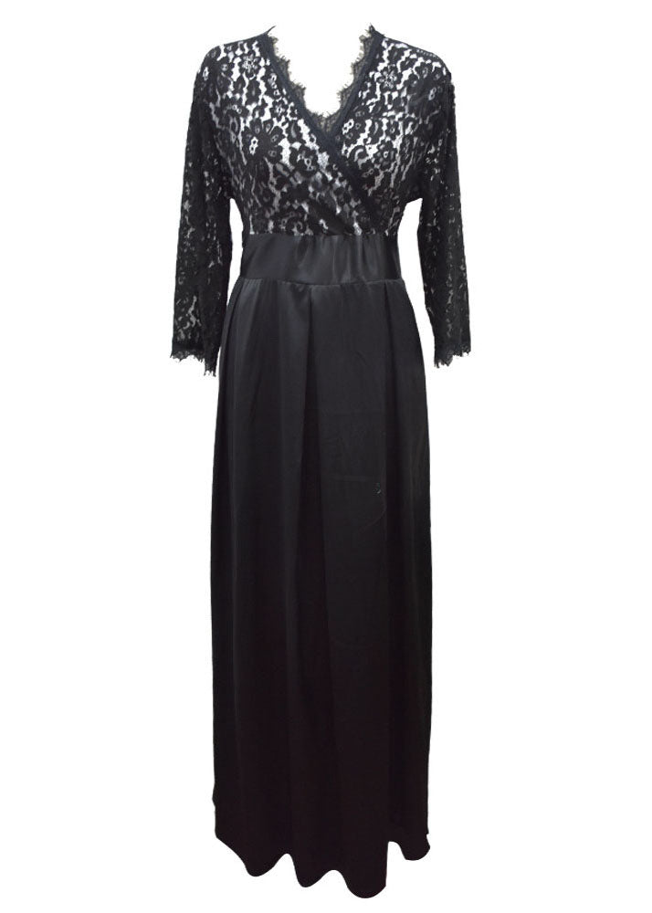 Boutique Black V Neck Hollow Out Lace Patchwork Silk Long Dresses Summer